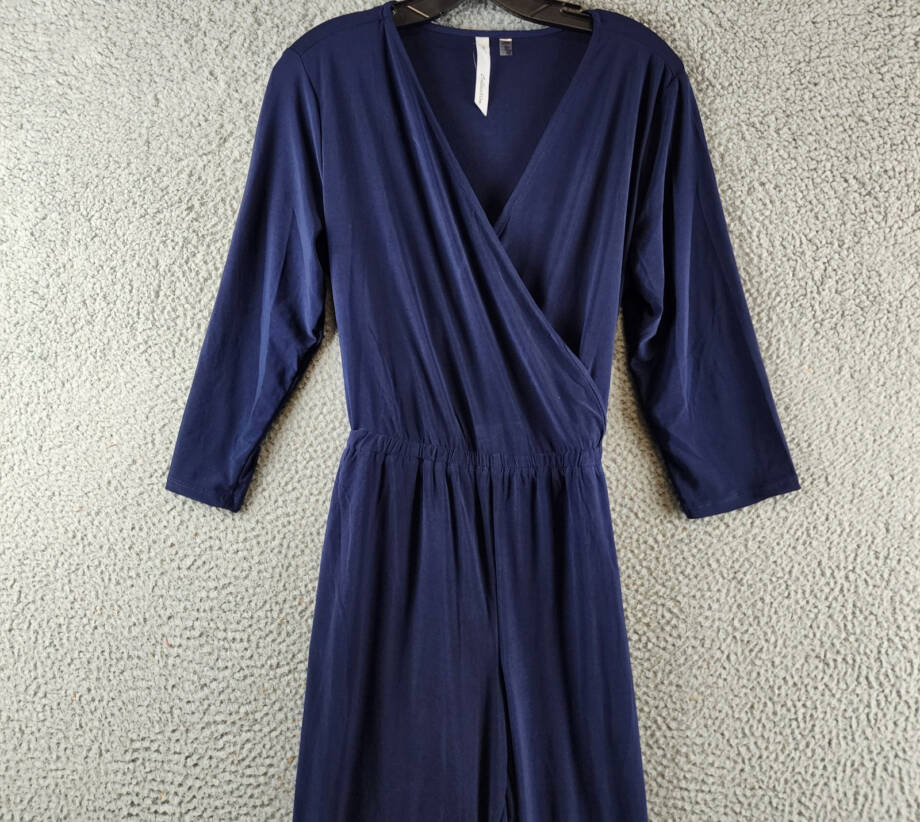 NY Collection Petite 3/4 Sleeve Belted Jumpsuit Women's PL Navy Blue Solid