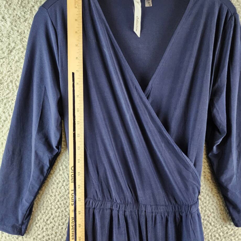 NY Collection Petite 3/4 Sleeve Belted Jumpsuit Women's PL Navy Blue Solid
