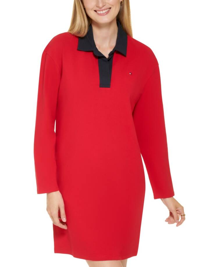 Tommy Hilfiger Pique Rugby Shift Dress Women's XL Chili Pepper Collared L/S