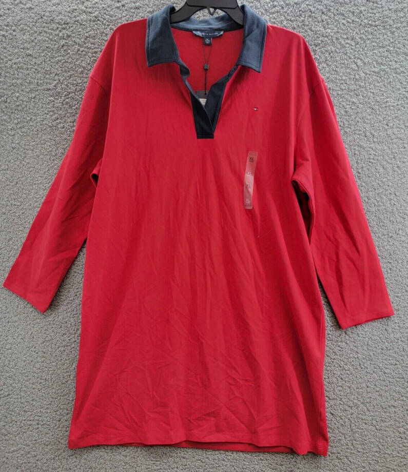 Tommy Hilfiger Pique Rugby Shift Dress Women's XL Chili Pepper Collared L/S