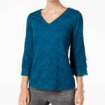 Charter Club Tiered Lace Top Women's XS Deep Pine Floral V-Neck Quarter Sleeve