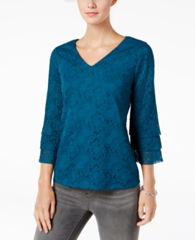 Charter Club Tiered Lace Top Women's XS Deep Pine Floral V-Neck Quarter Sleeve