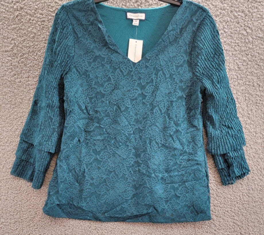 Charter Club Tiered Lace Top Women's XS Deep Pine Floral V-Neck Quarter Sleeve