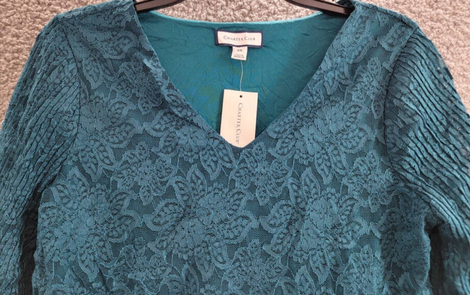 Charter Club Tiered Lace Top Women's XS Deep Pine Floral V-Neck Quarter Sleeve