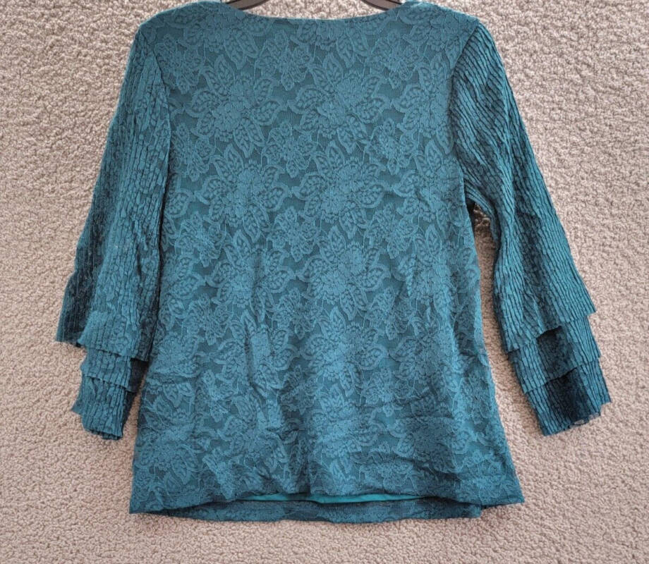 Charter Club Tiered Lace Top Women's XS Deep Pine Floral V-Neck Quarter Sleeve