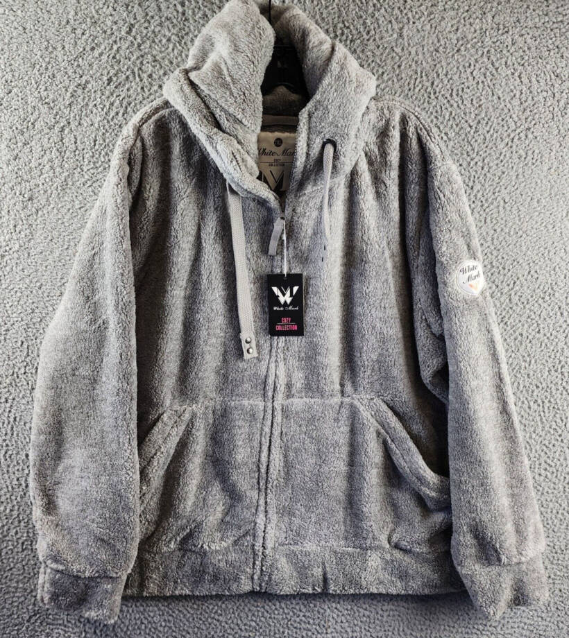 White Mark Plus Size Hooded Sherpa Jacket Women's 3XL Gray Zipper Closure L/S~