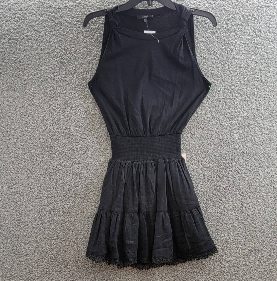 AQUA Smocked Waist Tiered Dress Women's XS Black Knot Strap Lace Trim Pullover