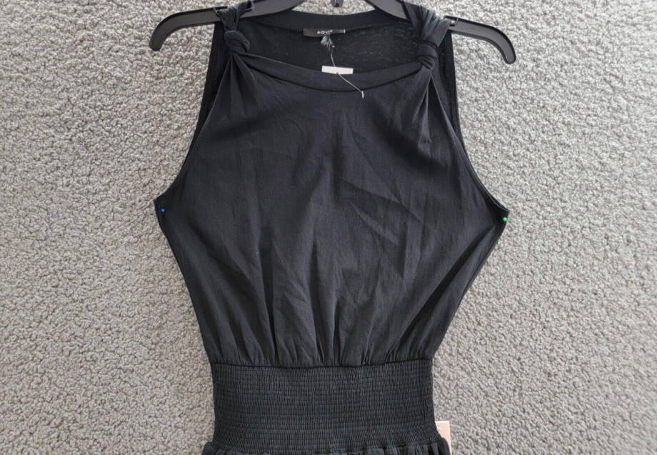 AQUA Smocked Waist Tiered Dress Women's XS Black Knot Strap Lace Trim Pullover