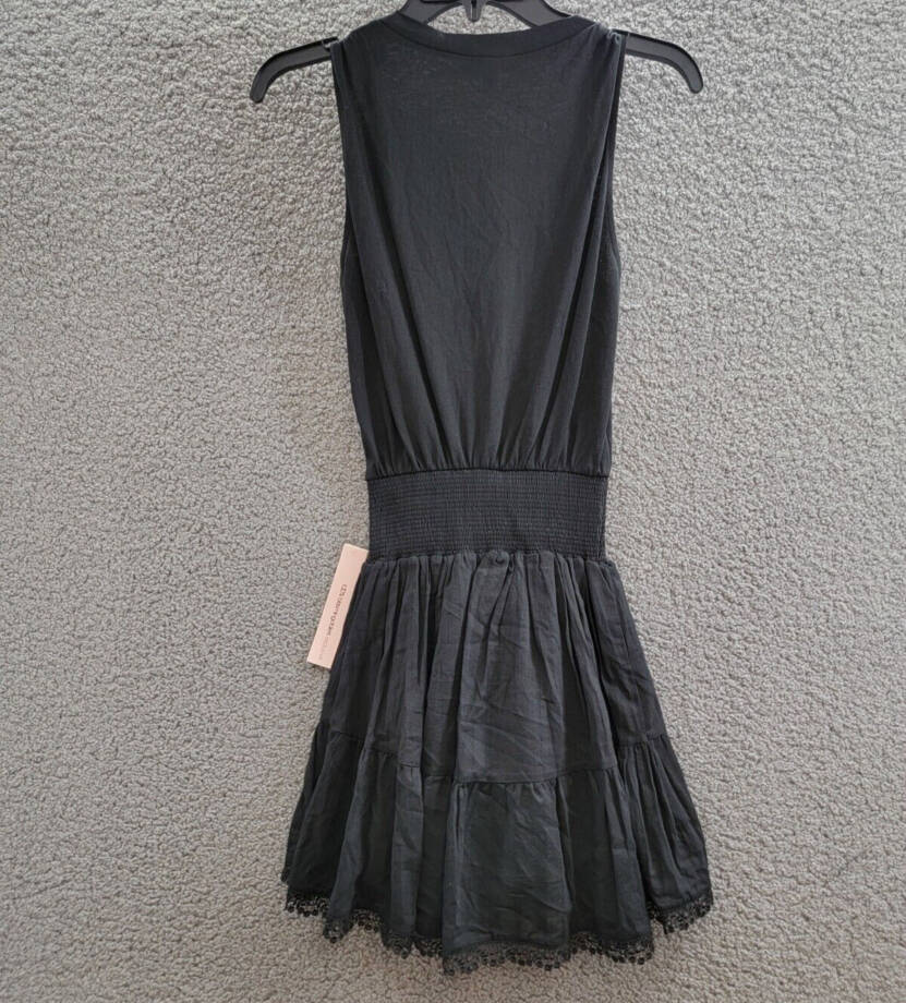 AQUA Smocked Waist Tiered Dress Women's XS Black Knot Strap Lace Trim Pullover