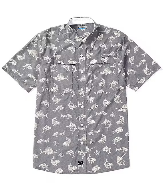 Salt Life Fish N Bones Short-Sleeve Button-Front Shirt Men's S Gray Collared