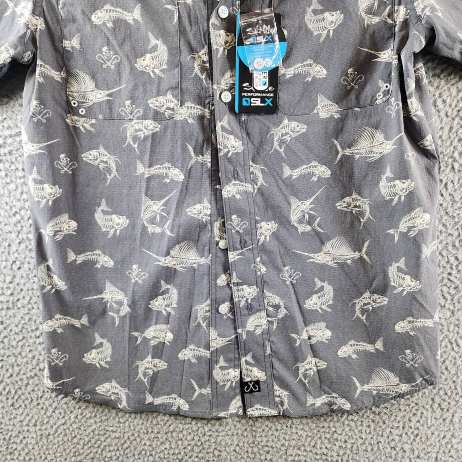 Salt Life Fish N Bones Short-Sleeve Button-Front Shirt Men's S Gray Collared