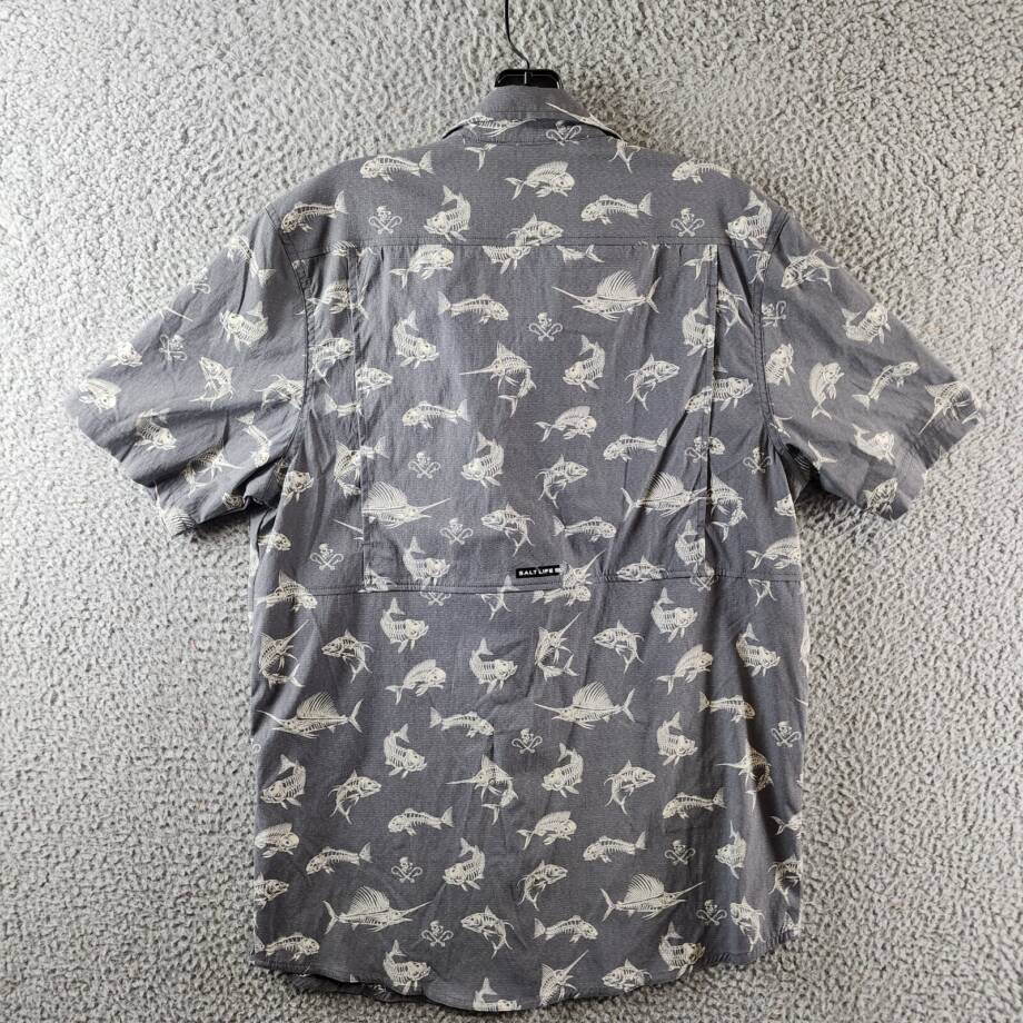 Salt Life Fish N Bones Short-Sleeve Button-Front Shirt Men's S Gray Collared