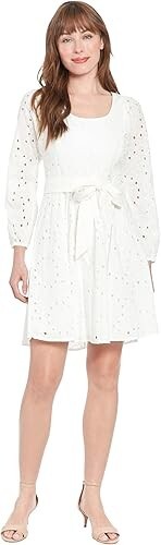 London Times Scoop Neck A-line Sash Tie Summer Dress Women's 10 White Back Zip