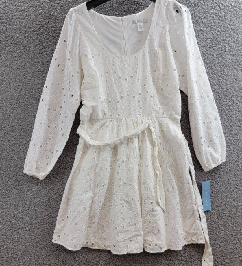 London Times Scoop Neck A-line Sash Tie Summer Dress Women's 10 White Back Zip