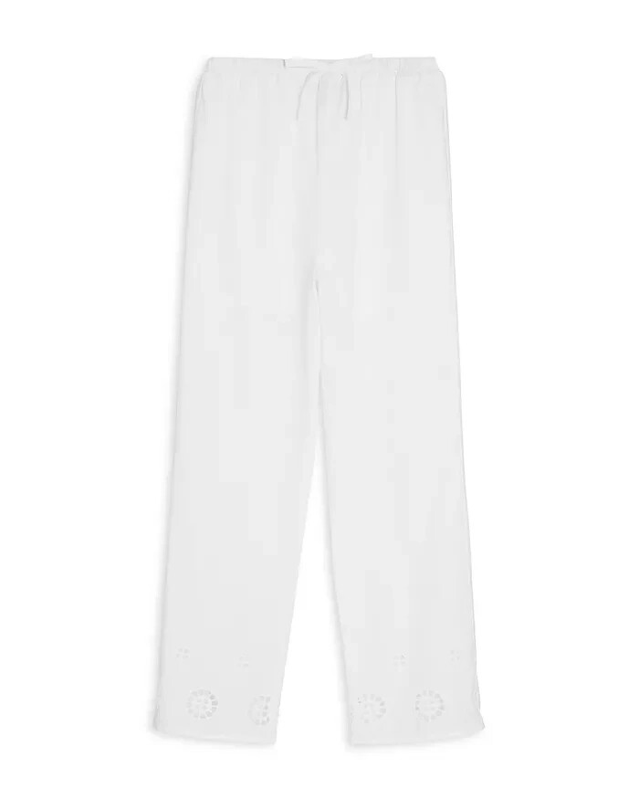 AQUA Wide Leg Eyelet Pants Girls S 7/8 White Fixed-Tie Elastic Waist Pull On