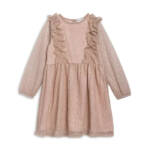 Splendid Glitzy Pleated Tulle Dress Girls' 5 Champagne Round Neck Back Snap L/S