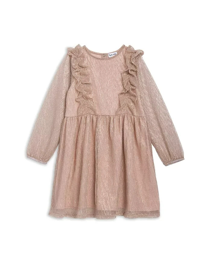 Splendid Glitzy Pleated Tulle Dress Girls' 5 Champagne Round Neck Back Snap L/S