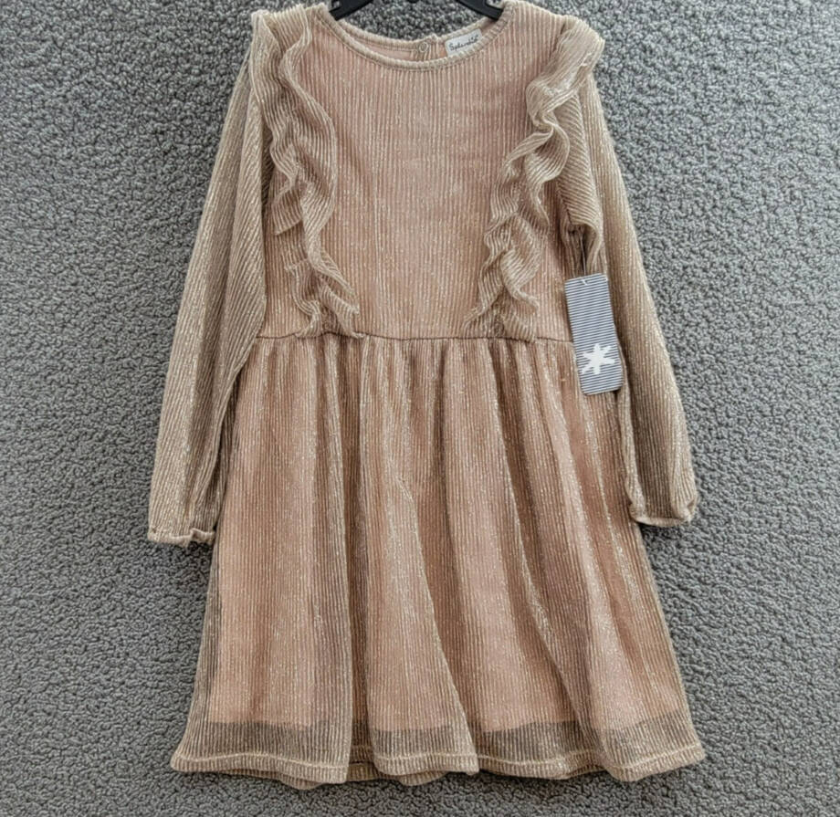 Splendid Glitzy Pleated Tulle Dress Girls' 5 Champagne Round Neck Back Snap L/S