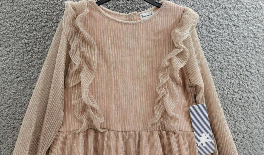 Splendid Glitzy Pleated Tulle Dress Girls' 5 Champagne Round Neck Back Snap L/S