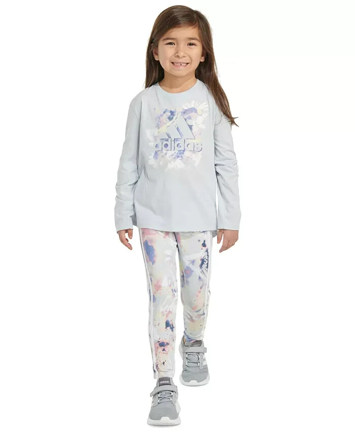 adidas 2-Pc. Long-Sleeve T-Shirt & Printed Leggings Set Little Girls 5 Halo Blue