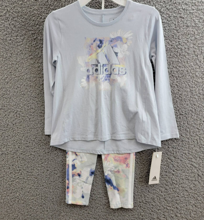 adidas 2-Pc. Long-Sleeve T-Shirt & Printed Leggings Set Little Girls 5 Halo Blue
