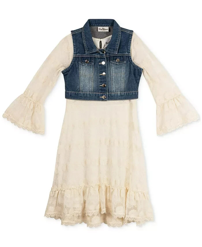 Rare Editions Bell Sleeve Dress & Denim Vest Set Big Girls 10 White Button Front
