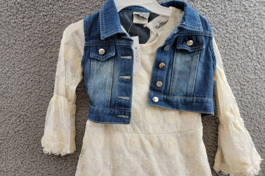 Rare Editions Bell Sleeve Dress & Denim Vest Set Big Girls 10 White Button Front