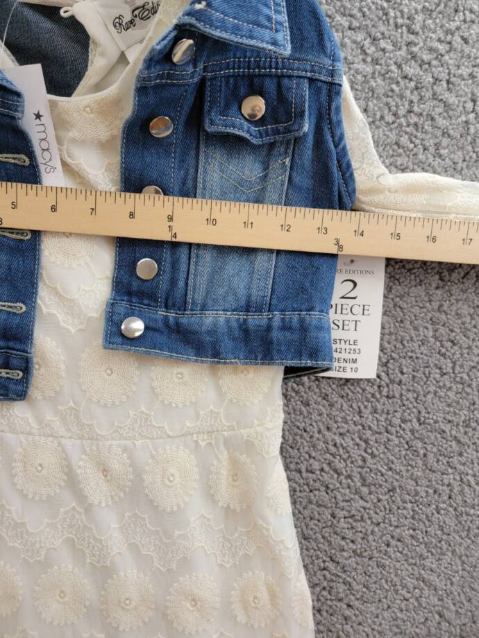 Rare Editions Bell Sleeve Dress & Denim Vest Set Big Girls 10 White Button Front