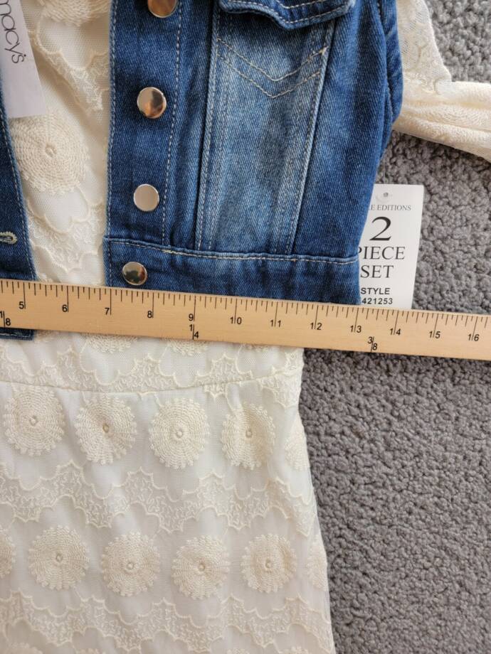 Rare Editions Bell Sleeve Dress & Denim Vest Set Big Girls 10 White Button Front