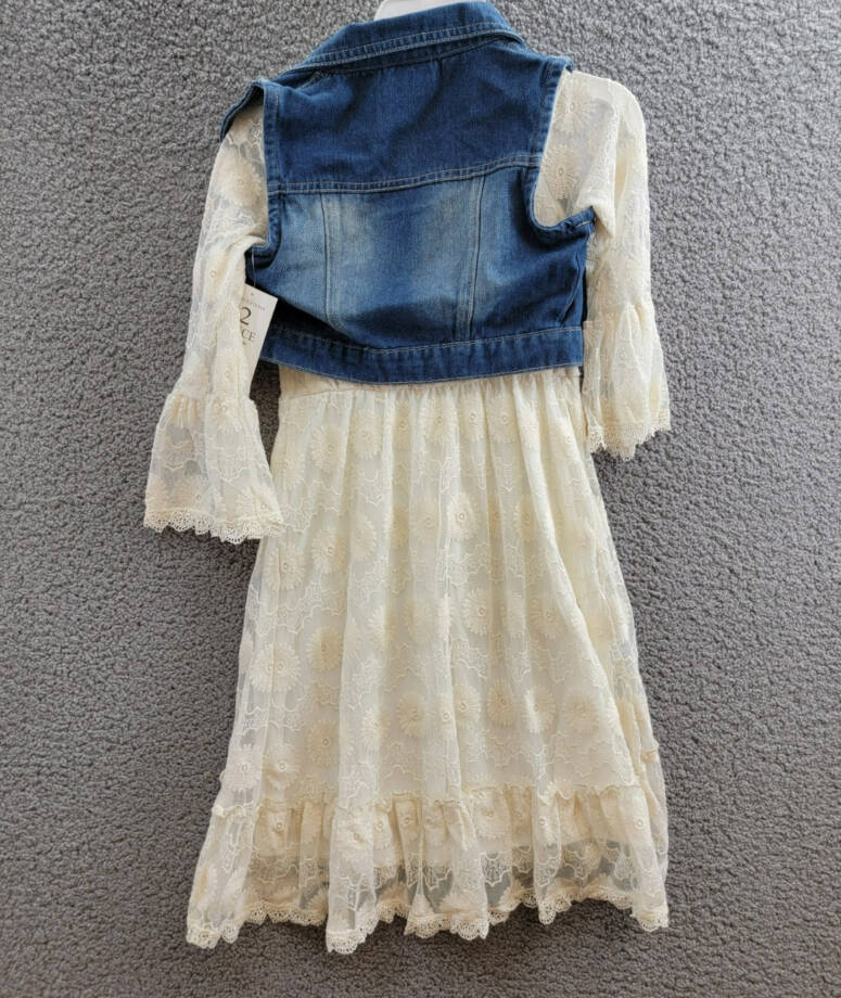 Rare Editions Bell Sleeve Dress & Denim Vest Set Big Girls 10 White Button Front