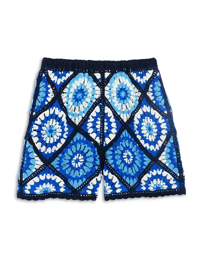 AQUA Allover Crochet Shorts Girls' S (7-8) Blue Multi Elastic Waist Pull On