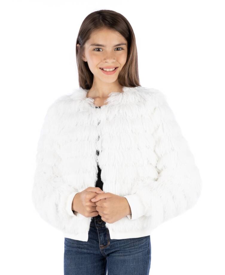 Speechless Big Stripe Shag Jacket Girls Ivory Round Neck Woven Button Closure M
