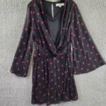 Emma & Michelle Faux Wrap Dress Women's L Black/Red Dot Snap Front Button Back