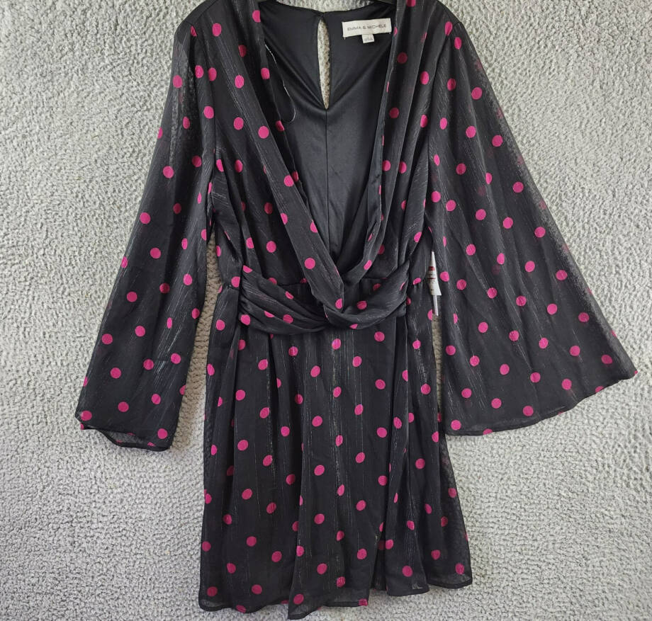 Emma & Michelle Faux Wrap Dress Women's L Black/Red Dot Snap Front Button Back