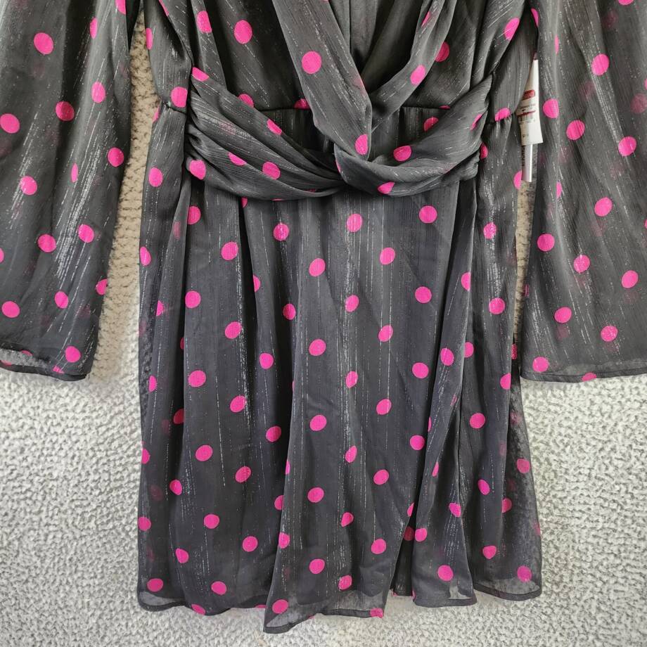 Emma & Michelle Faux Wrap Dress Women's L Black/Red Dot Snap Front Button Back