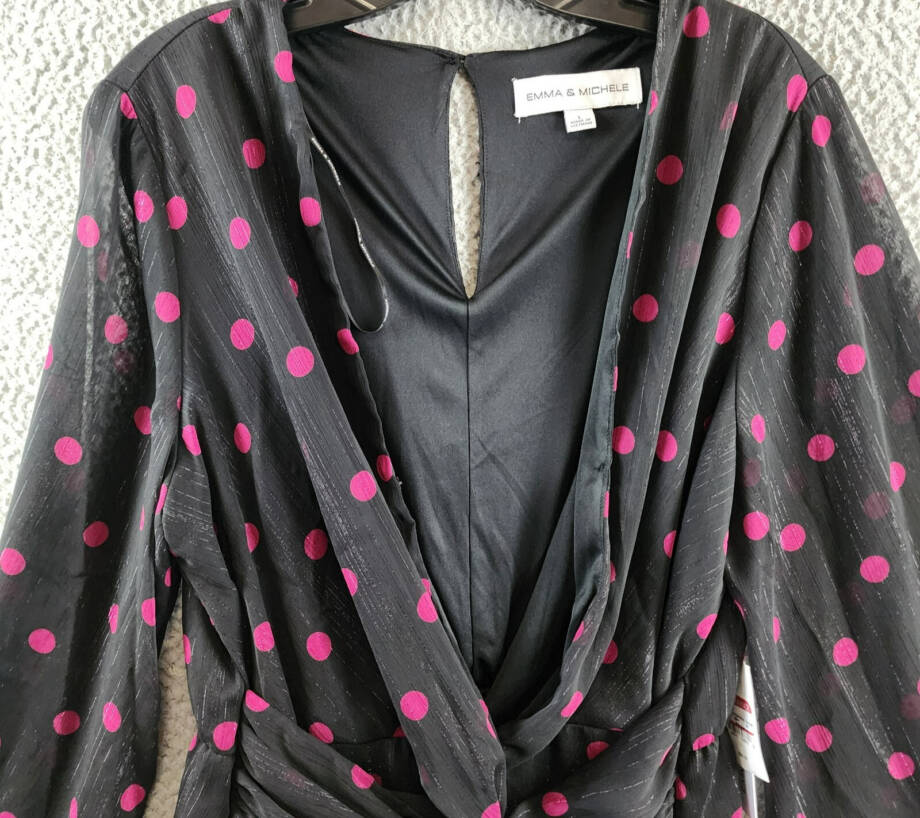Emma & Michelle Faux Wrap Dress Women's L Black/Red Dot Snap Front Button Back