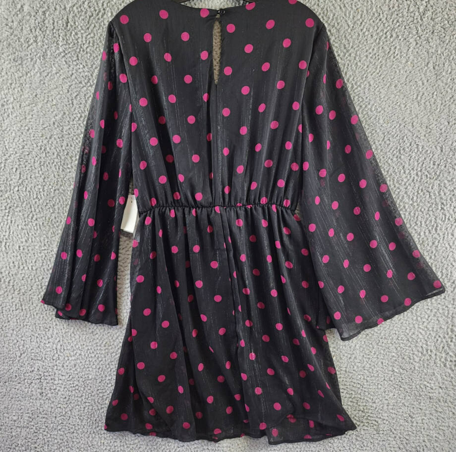 Emma & Michelle Faux Wrap Dress Women's L Black/Red Dot Snap Front Button Back