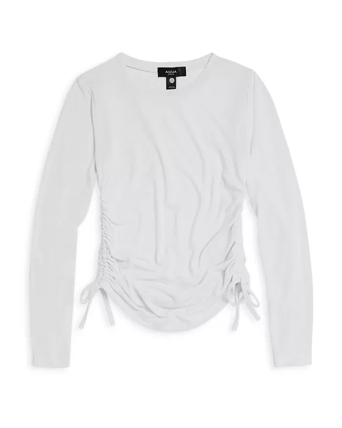 AQUA Ruched Front Top Girls XL 14/16 White Solid Crew Neck Long Sleeve Pullover