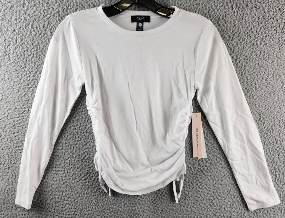 AQUA Ruched Front Top Girls XL 14/16 White Solid Crew Neck Long Sleeve Pullover