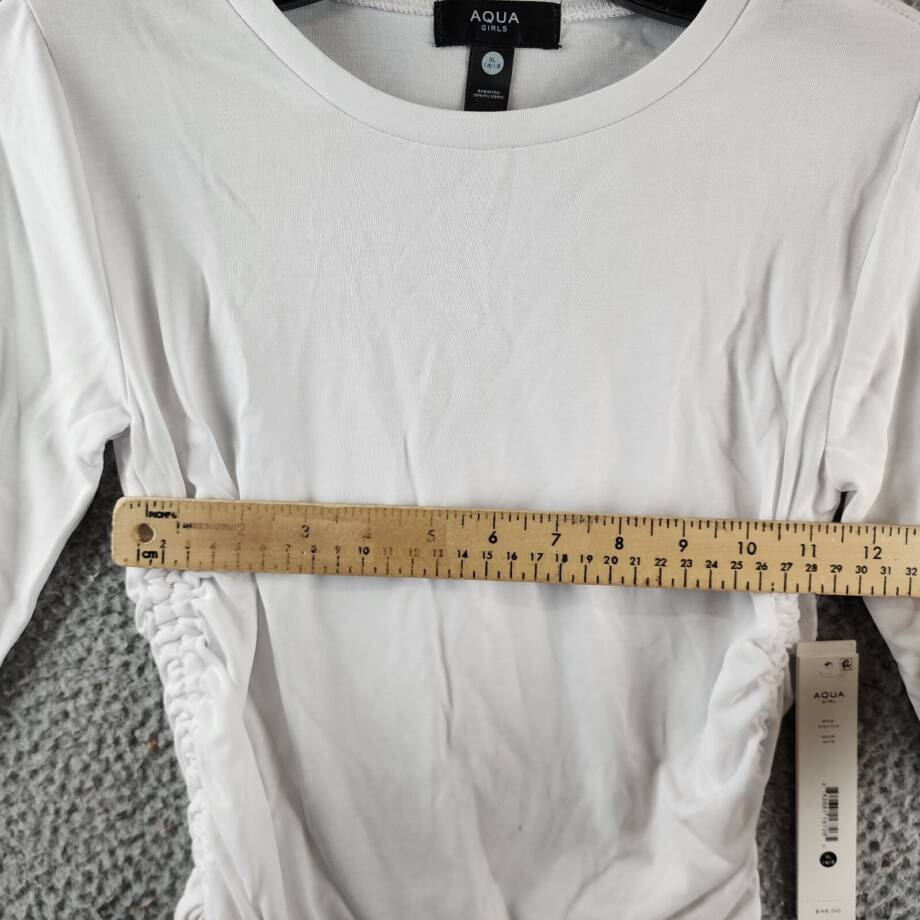 AQUA Ruched Front Top Girls XL 14/16 White Solid Crew Neck Long Sleeve Pullover