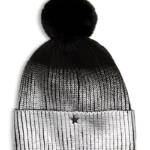 AQUA Ombré Knit Beanie Women's One Size Silver/Black Folded Cuff Pom Pom At Top