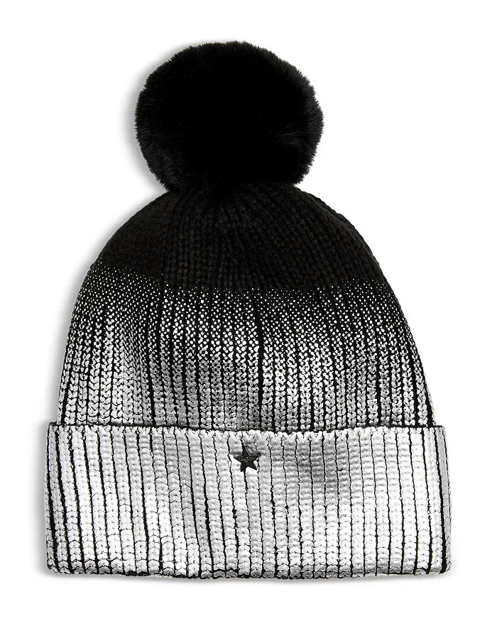 AQUA Ombré Knit Beanie Women's One Size Silver/Black Folded Cuff Pom Pom At Top