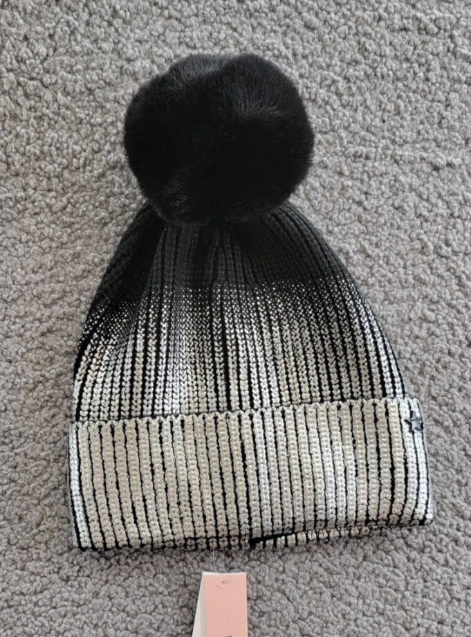AQUA Ombré Knit Beanie Women's One Size Silver/Black Folded Cuff Pom Pom At Top