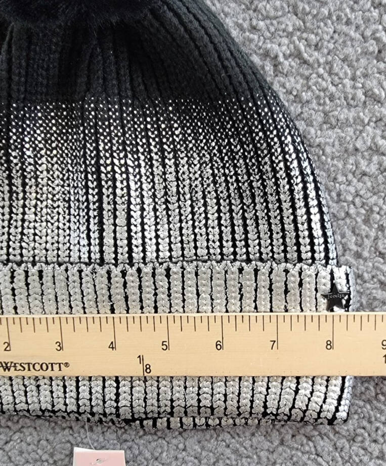 AQUA Ombré Knit Beanie Women's One Size Silver/Black Folded Cuff Pom Pom At Top