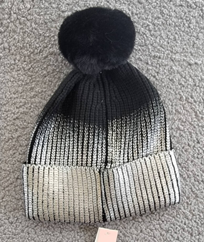 AQUA Ombré Knit Beanie Women's One Size Silver/Black Folded Cuff Pom Pom At Top