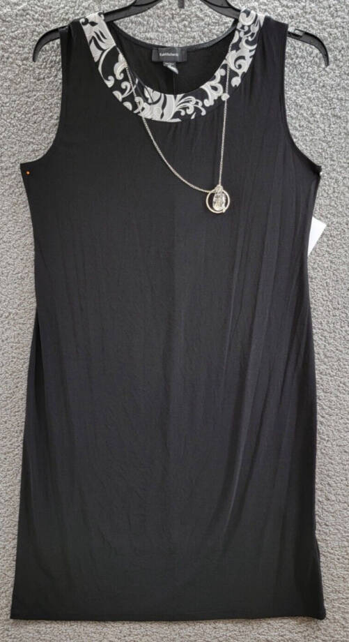 R&M Richards Swirled Printed Dress W/ Detachable Necklace Women's 14 Black White