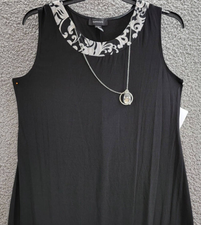 R&M Richards Swirled Printed Dress W/ Detachable Necklace Women's 14 Black White