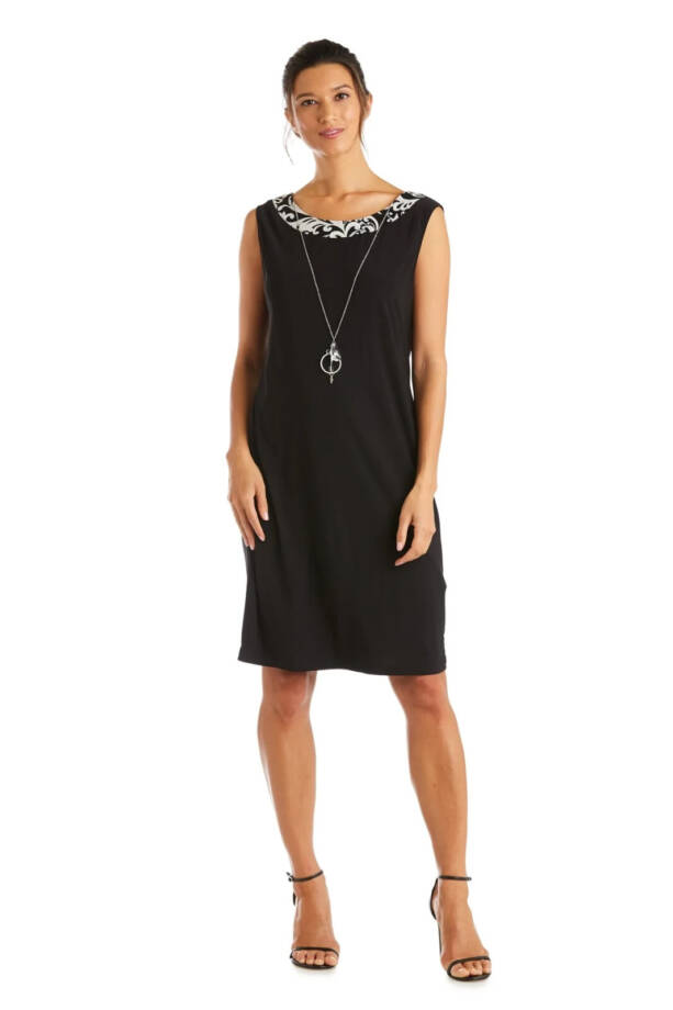 R&M Richards Swirled Printed Dress W/ Detachable Necklace Women's 14 Black White