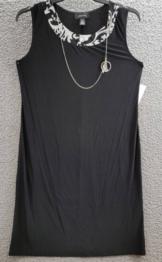 R&M Richards Swirled Printed Dress W/ Detachable Necklace Women's 14 Black White