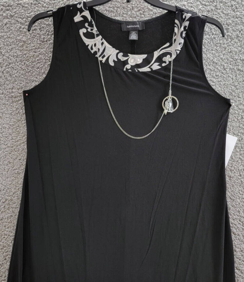 R&M Richards Swirled Printed Dress W/ Detachable Necklace Women's 14 Black White